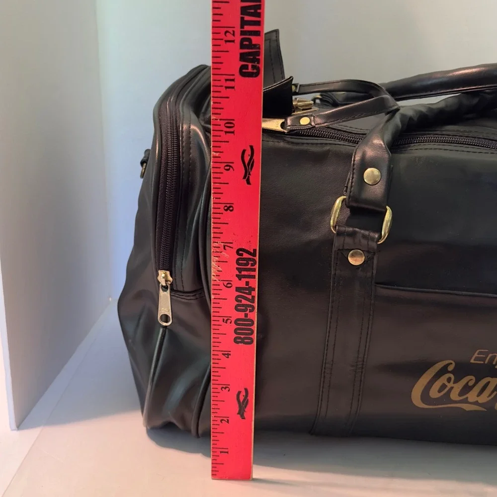 Vintage Coca-Cola Black Faux Leather Duffel Bag Gold Logo Travel Weekender